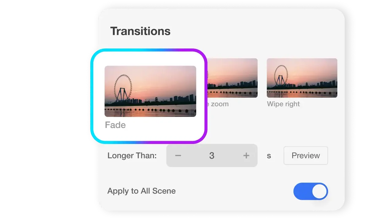 Mobile video editing app for adding transitions like fades and wipes to help scenes flow naturally.